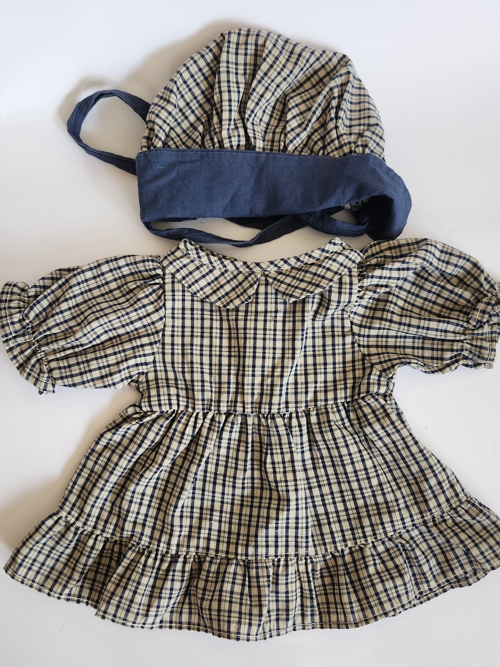 Vintage Tender Heart Treasures Doll Or Teddy Bear Dress And Bonnet Navy Plaid